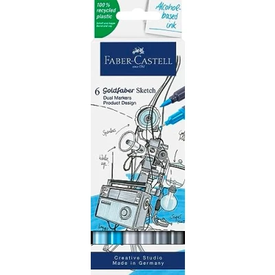 Immagine di Faber Castell 164806 Design del prodotto Goldfaber Sketch Marker, confezione da 6 pennarelli ad alcool con punta a pennello e fineliner