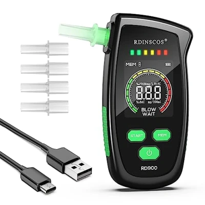 Immagine di RDINSCOS Etilometro Portatile,Alcol Test con Display LCD Digitale,Alcoltest Professionale Precisione di Grado 5 Bocchini per Uso Domestico e Feste