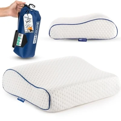 Immagine di Marcolumb Cuscino da viaggio Supporto ergonomico per il collo campeggio in memory foam con federa termoregolante Borsa impermeabile inclusa (Bianco Cervicale)