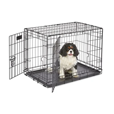 Immagine di MidWest Homes for Pets Gabbia per cani iCrate a due porte, lunga 76,2 cm, con vaschetta tenuta stagna, piedini protettivi, pannello divisorio e caratteristiche brevettate, nero, modello 1530