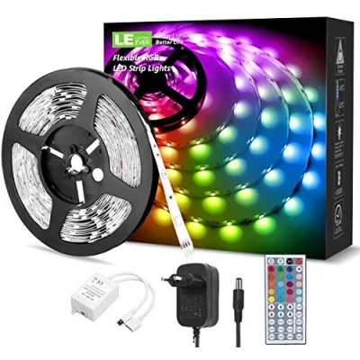 Immagine di LE Striscia LED 5M RGB, 20 Colori e 6 Modalità Dimmerabili, SMD 5050 per TV con Telecomando a 44 Tasti, 12V Luminosa Flessibile Alimentatore Controller, Casa, Festival, Festa