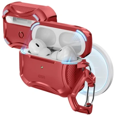 Immagine di ESR Cover per AirPods Pro 2/1 Generazione (2023/2022/2019) con HaloLock, Custodia Rigida, Coperchio a Bloccaggio Magnetico, Adatto MagSafe, Protezione Dalle Cadute, Rosso