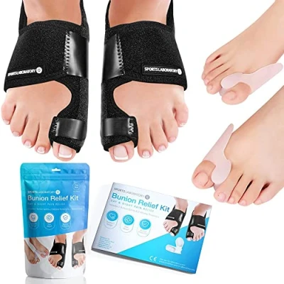 Immagine di Sports Laboratory Tutore Alluce Valgo Giorno e Notte Protezione Sollievo dal Dolore 2 Stecche per Valgo, Raddrizzatori 1 Guida Pratica Regolabile, Nero