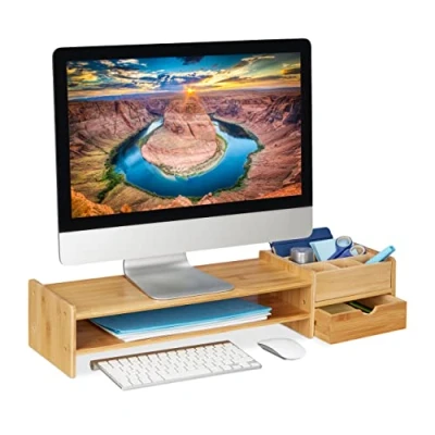 Immagine di Relaxdays Supporto per Monitor in bambù, Organizer con Cassetti e Scomparti, Base Rialzata, HxLxP: 13x70x19 cm, Naturale, 100%, 1 pz