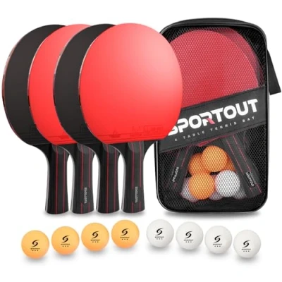 Immagine di Set con 4 Pagaia da Ping Pong e 8 Palline Professionale Tennis Tavolo Racket