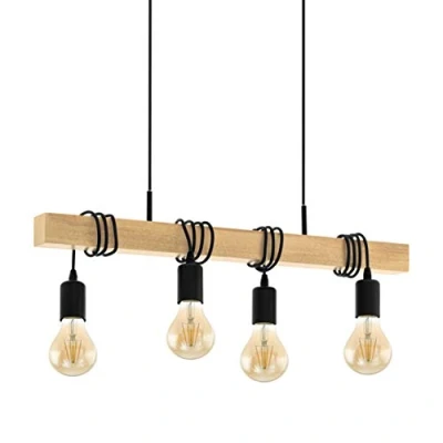 Immagine di Eglo lampada a sospensione Townshend, rustica retrò in design industrial e vintage, da sala pranzo legno 4 punti luce, con attacco E27