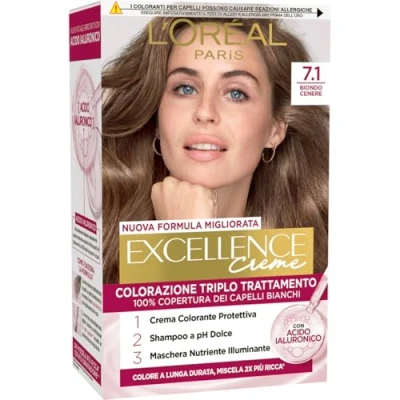Immagine di L’Oréal Paris Colorazione Triplo Trattamento Excellence, Con Acido Ialuronico, 100% Copertura Capelli Bianchi, Per Più Idratati, Biondo Cenere (7,1)