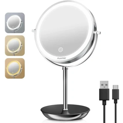 Immagine di Auxmir Specchio con Luci di 3 Colori, Ingranditore 10X/1X, Luminosità Regolabile Bifacciale Rotazione a 360con Contenitore, Ideale per Trucco, Rasatura e Cura del Viso