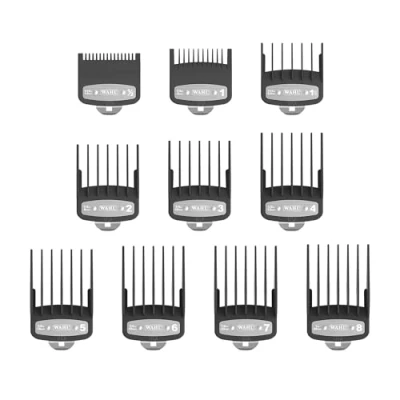 Immagine di Wahl Premium Cutting Guides con borsa in polietilene Set di pettini attacco premium, da 1,5 mm a 25 Adatto tutti i tagliacapelli cavo Wahl, 10 pz.