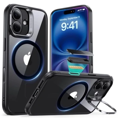 Immagine di ESR Cover per iPhone 16 Plus con Cavalletto,Magsafe Custodia Halolock, Protezione di livello militare, Supporto ad anello la fotocamera integrato,Nero Trasparente