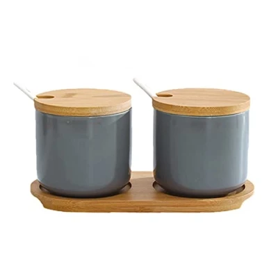 Immagine di OnePine Set di 2 Zuccheriera in Ceramica, 260ml Contenitore per spezie barattoli Rotonda con Coperchio e Cucchiaio, Design Elegante, Casa Cucina