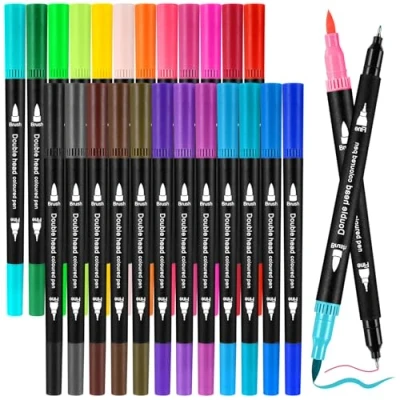 Immagine di Zeawavsl Set Pennarelli Con Doppia Punta, Penne A Pennello Da 24 Colori Due Punte, Spessi E Sottili, Per Bullet Journal, Scritte Mano, Calligrafia Manga (24)
