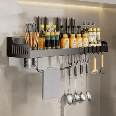 Immagine di Hovoto portaspezie da parete, mensole cucina, scaffale per utensili organizer condimenti, appendere con fessura coltelli, 6 ganci, tazze, portasciugamani,