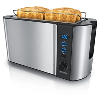 Immagine di Arendo Tostapane Moderno a 2 Fessure XXL Scongela Doppia Parete termoisolante con Accessorio scalda Cornetto 1500W Vassoio raccogli briciole Display Tempo rimanente Argento