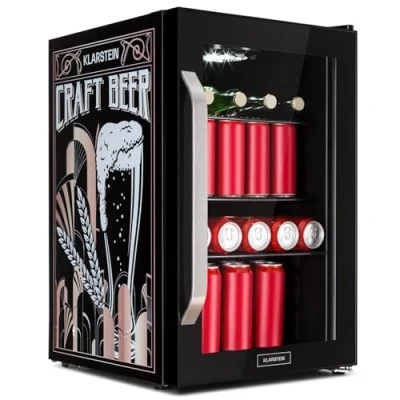 Immagine di KLARSTEIN Frigorifero 70L, Mini frigo Silenzioso con Ripiani Rimovibili, Porta in Vetro e LED, Adatto all&#039;Uso Esterno, 0 10C