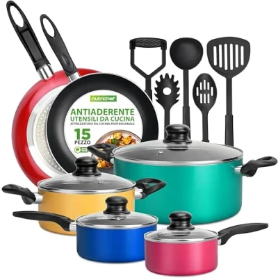 Immagine di NutriChef Set di Pentole e Padelle Antiaderenti 15 Pezzi, Vernice Resistente al Calore, Pentola Salsa, Friggere, Forno, Coperchi