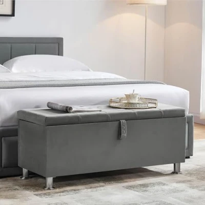 Immagine di Vida Designs Pouf, Poggiapiedi, in Velluto Grigio Chiaro, Valencia Ottoman, Fabric with Lid, Seat, Stool, Window Bench, Chest, Toy Storage Box, Footstool, Light Grey Velvet