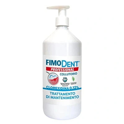 Immagine di Fimodent Collutorio Clorexidina 0.12% con SPDD (Sistema Protezione Discromie Dentali) e gradevole gusto menta Trattamento antiplacca antibatterico prolungato 1000mL dispenser.