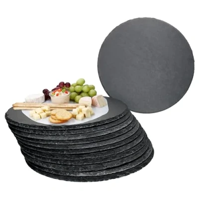 Immagine di MamboCat Set di 12 piatti rotondi in ardesia, Ø 30 cm, da portata nero, per sushi con bordo rottura rustico, ideali pizza o come piatto formaggi, salumi antipasti