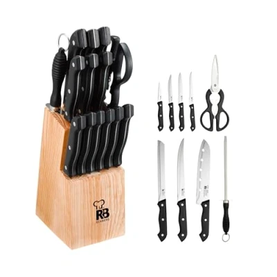 Immagine di RENBERG Tenessy Coltelli da Cucina Set Completo di 15 Pezzi con Ceppo Legno Perfetti per Tagliare Ogni Ingrediente Professionale Fabbricati in Acciaio Inox