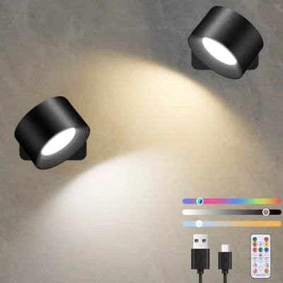 Immagine di Diealles Shine Applique da Parete Interno 2 Pezzi, USB C Ricaricabile Lampada Parete, Plafoniere Dimmerabili Senza Forare, Ruotare 360, Touch Control e Telecomando, 19 RGB Colori (Nero)