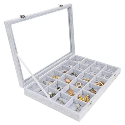 Immagine di BELLE VOUS scatola per gioielli in velluto grigio con 24 sezioni e coperchio vetro, portagioie impilabile modulabile anelli, collane, bracciali, orecchini orologi