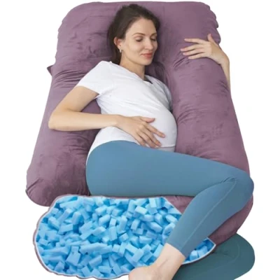 Immagine di TaiBest cuscino gravidanza in memory foam triturato per dormire, maternità donne incinte, supporto addominale, corpo intero a forma di U (memory foam, viola)