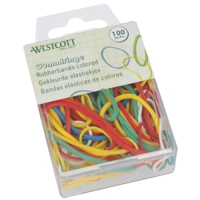 Immagine di Westcott 100 elastici in gomma colorati varie dimensioni un pratico contenitore di plastica Confezione per la casa ⌀ 20 mm 70 E 10582 00
