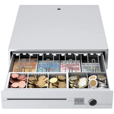 Immagine di POS VALLEY Cassetto Cassa Piccolo In Ferro Porta Banconote e Monete (euro) Apertura Automatica Stampante RJ Registratore di Cassa, 33x37 cm, (Bianco)