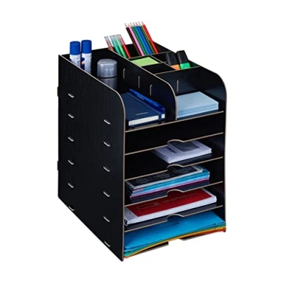Immagine di Relaxdays Organizer da Scrivania, Portapenne e Portadocumenti, 12 Scomparti, HLP: 34,5 x 25 32 cm, in MDF, Nero