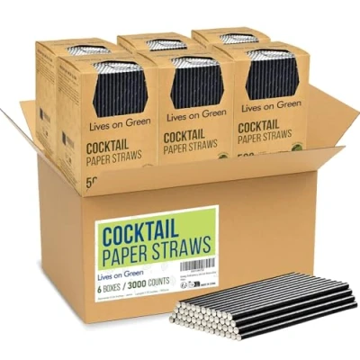 Immagine di Lives on Green Cannucce usa e getta in carta nera grandi quantità per cocktail, caffè bevande miste, 19,7 x 0,6 cm, 3000 pezzi, bar ristoranti