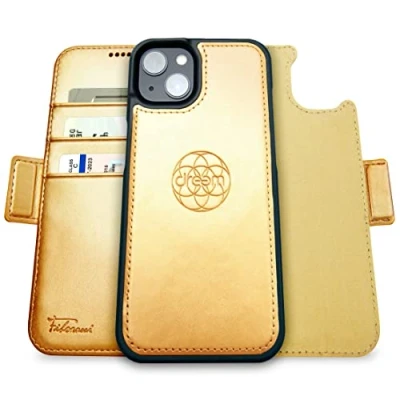Immagine di dreem Fibonacci compatibile con iPhone 14 Plus custodia a portafoglio/custodia antiurto 2 in 1 e folio pelle vegana staccabile, MagSafe, protezione RFID [Oro]