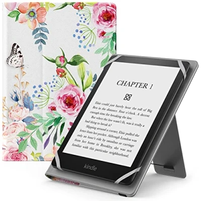 Immagine di MoKo Custodia Cover Universale Compatibile con e Lettore Kindle/Kobo/Voyaga/Lenovo/Sony/Tolino da 6&quot;, 6,8&quot; 7&quot;, in Pelle PU Chiusura di Elastico, Doppio Supporto Manico, Fiori Fragranti