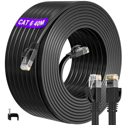 Immagine di Cavo Ethernet 40 Metri, Piatto LAN 40m Alta Velocità Cat 6 di Rete Esterno Interno, Lungo RJ45 Internet, UTP 250MHz Gigabit Impermeabile Patch per PS5/4 Router Modem (40 Clips)
