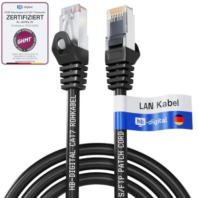 Immagine di HB Digital 1,5m Cavo Ethernet CAT 7 LAN S/FTP PiMF LSZH AWG26 Rete con Connettori RJ45 6A 10 Gbits/600 MHz Ideale per Patch Panel Server PC Laptop Smart TV DSL Nero