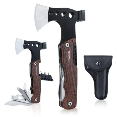 Immagine di RAXCO Ascia Multiuso, 8 in 1 Utensile Multiuso Tascabile con Cacciavite Acciaio Inossidabile Adatto per Campeggio, Escursioni e all&#039;aperto
