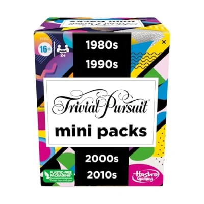 Immagine di Hasbro Gaming Trivial Pursuit Mini Pack Multipack, divertenti domande a quiz per adulti e ragazzi dai 16 anni in su, include 4 giochi con decenni