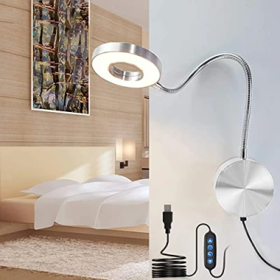 Immagine di LANMOU LED Lampada da Lettura Muro, 5W Parete Dimmerabile con Cavo USB, Luce Comodino Camera Letto Collo D&#039;Oca Applique Interno Interruttore,Argento,400LM