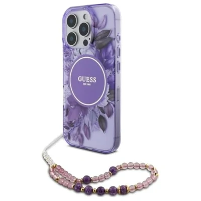 Immagine di CG MOBILE Guess HC Custodia per telefono progettata iPhone 16 Pro Max, durevole, antiurto, compatibile con Magsafe, fiori IML cinturino in perla, viola