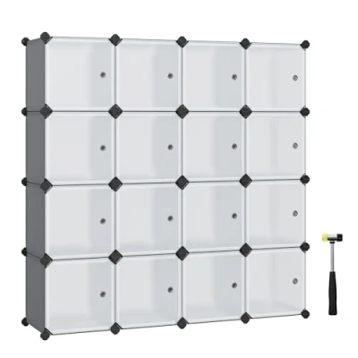 Immagine di SONGMICS Armadio a 16 Cubi, Portaoggetti Organizzatore, Armadietto Mobiletto con Ante, per Abiti Scarpe Libri, Facile da Assemblare, Grigio e Bianco LPC443G01