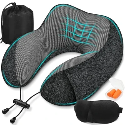 Immagine di SOMLAW Cuscino da Viaggio, Collo Memory Foam, Cervicale Ufficio Ergonomico Portatile, con Maschera per Dormir, Tappi auricolari, Borsa, Perfetto Aereo, Auto e Treno