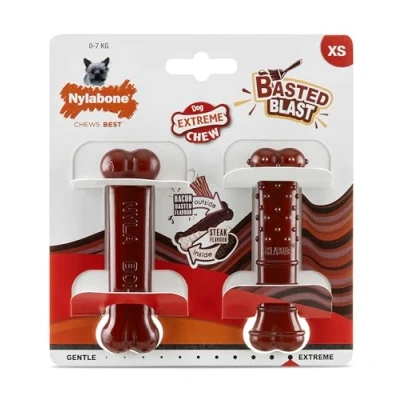 Immagine di Nylabone, Basted Blast, Masticabile, giocattolo in nylon, a forma di osso, gusto Bacon &amp; Steak, Extra small, Per cani fino 7 kg, confezione da 2