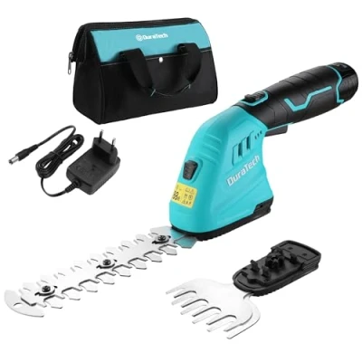 Immagine di DURATECH Tagliasiepi a batteria 12V blu, 2 in 1 Forbici con lame, da 2Ah, caricabatterie e borsa, tagliaerba elettrico Per diserbare, potare gli alberi, tagliare l&#039;erba