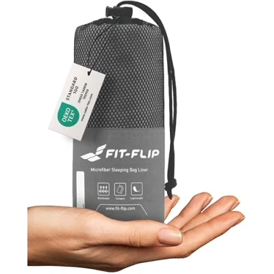Immagine di Fit Flip Lenzuola Sacco a Pelo Ultraleggero da Viaggio, in Microfibra con Scomparto per Cuscino, Estivo Morbido Seta, Lenzuolo Anche Come (Grigio)