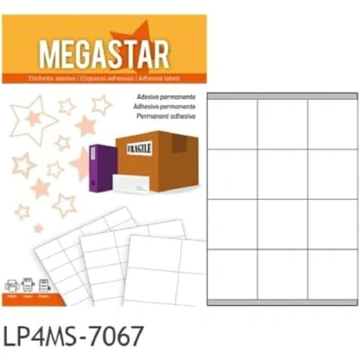 Immagine di MEGASTAR etichette Adesive Bianche 70 x 67,7mm, 12 per foglio, laser e inkjet, 100 fogli, LP4MS 7067