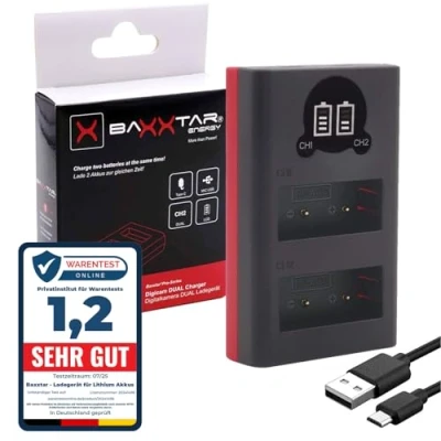 Immagine di Baxxtar NP W126s W126 Caricatore per batteria Mini USB doppio/LCD (18612) Alimentazione tramite C o Micro Fuji X M5 X100VI S10 T20 T30 II T5 T50 ecc.