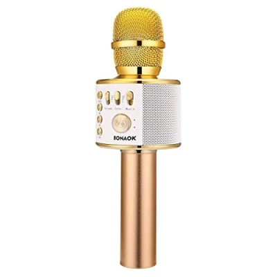 Immagine di BONAOK Microfono Karaoke Wreless Bluetooth, 3 in 1 Palmare Portatile Mic Regalo di Compleanno Altoparlante per Feste a Casa iPhone/Android/iPad,PC Smartphone Oro chiaro