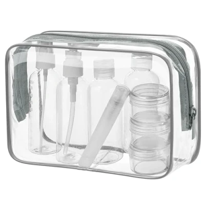 Immagine di MOCOCITO Borsa da Toilette Viaggio Trasparente con 8 Bottiglie Approvata Secondo le Regolamentazioni UE e UK sul Bagaglio a Mano Borsetta Trucco Zip(Grigio)