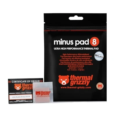 Immagine di Thermopad Thermal Grizzly Minus Pad 8 termico in silicone, autoadesivo, termoconduttivo. Conduce il calore e raffredda gli elementi riscaldanti del computer o della console. (30 x 30 2 mm)