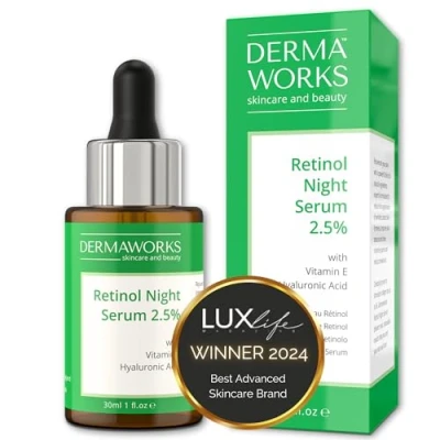 Immagine di DERMAWORKS Retinolo Viso Siero 2.5% con Acido Ialuronico e Vitamina per Antirughe, Antiage Serum Retinol Donna Uomo Notte Skincare, 30ml